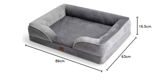 Trelsanopaws Large Dog Bed Sofa - Washable Orthopedic Bed with Removable Flannel Cover & U-Shape Bolster (89 x 63 x 16 cm, Grey)