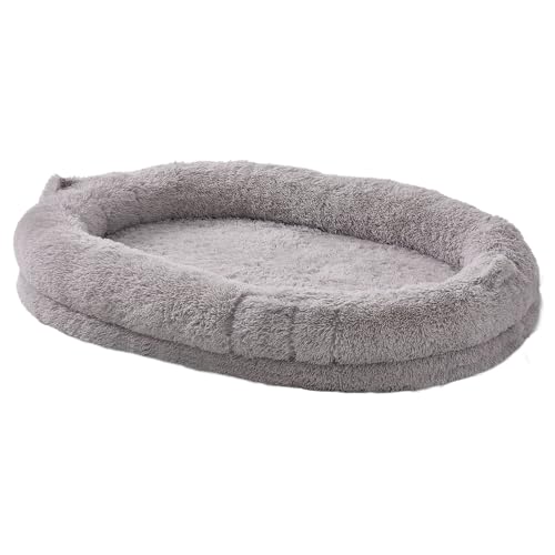 Trelsanopaws Human Dog Bed - Washable Velvet Cover with Orthopedic Foam & Storage Pocket (72" x 48" x 10", Light Grey)