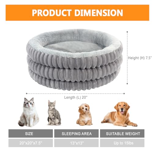 TECHTAIL Cat Bed, 20’’ Round Donut Fluffy Cat Beds for Indoor Cats and Small Dogs, Washable Deep Sleep Calming Pet Bed Kitten Bed