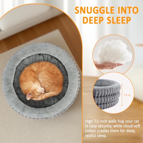 TECHTAIL Cat Bed, 20’’ Round Donut Fluffy Cat Beds for Indoor Cats and Small Dogs, Washable Deep Sleep Calming Pet Bed Kitten Bed