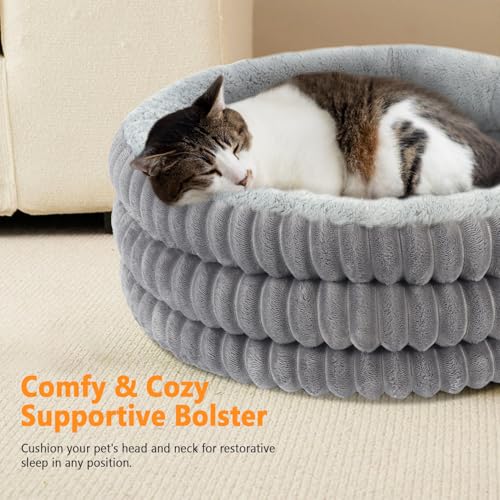 TECHTAIL Cat Bed, 20’’ Round Donut Fluffy Cat Beds for Indoor Cats and Small Dogs, Washable Deep Sleep Calming Pet Bed Kitten Bed