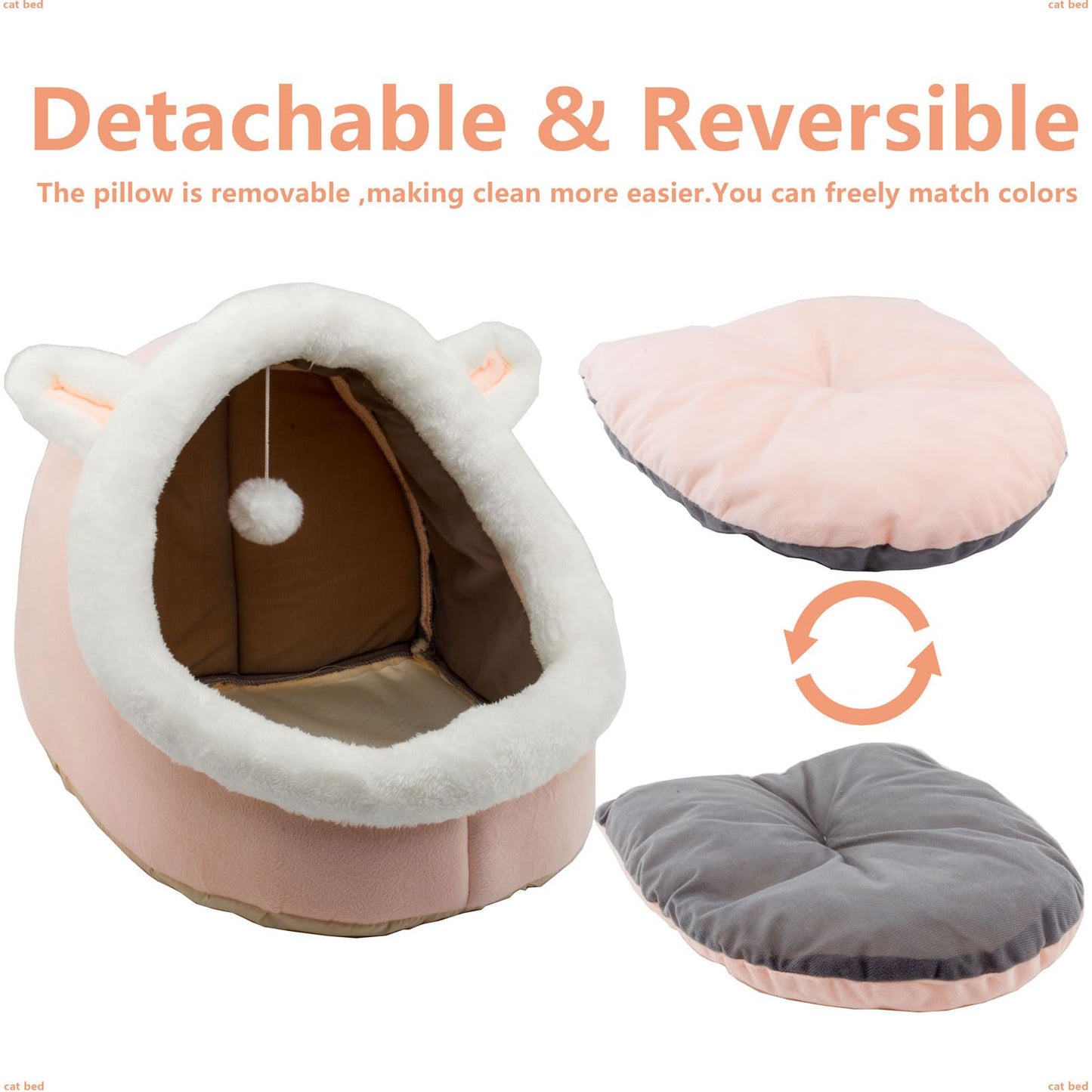 Trelsanopaws Rabbit-Shaped Cat Bed - Anti-Slip Bottom & Soft Calming Cave with Hanging Toy (Removable Cotton Pad)