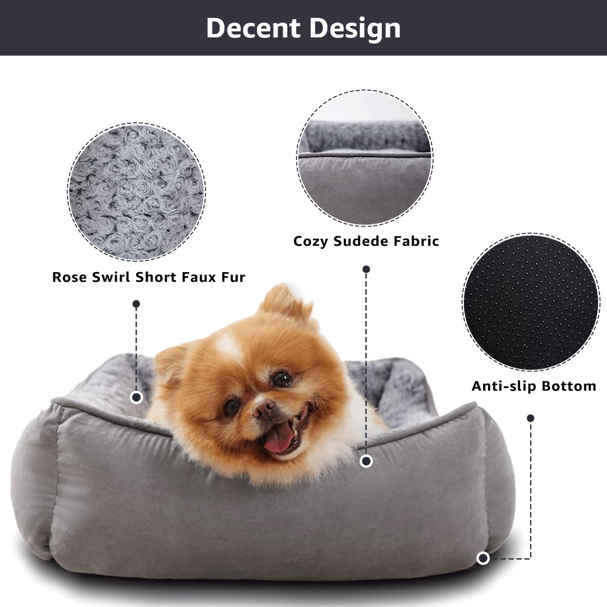 Trelsanopaws Small Dog Sofa Bed - Soft Plush Calming Bed with Non-Slip Bottom (60 x 45 cm, Grey)