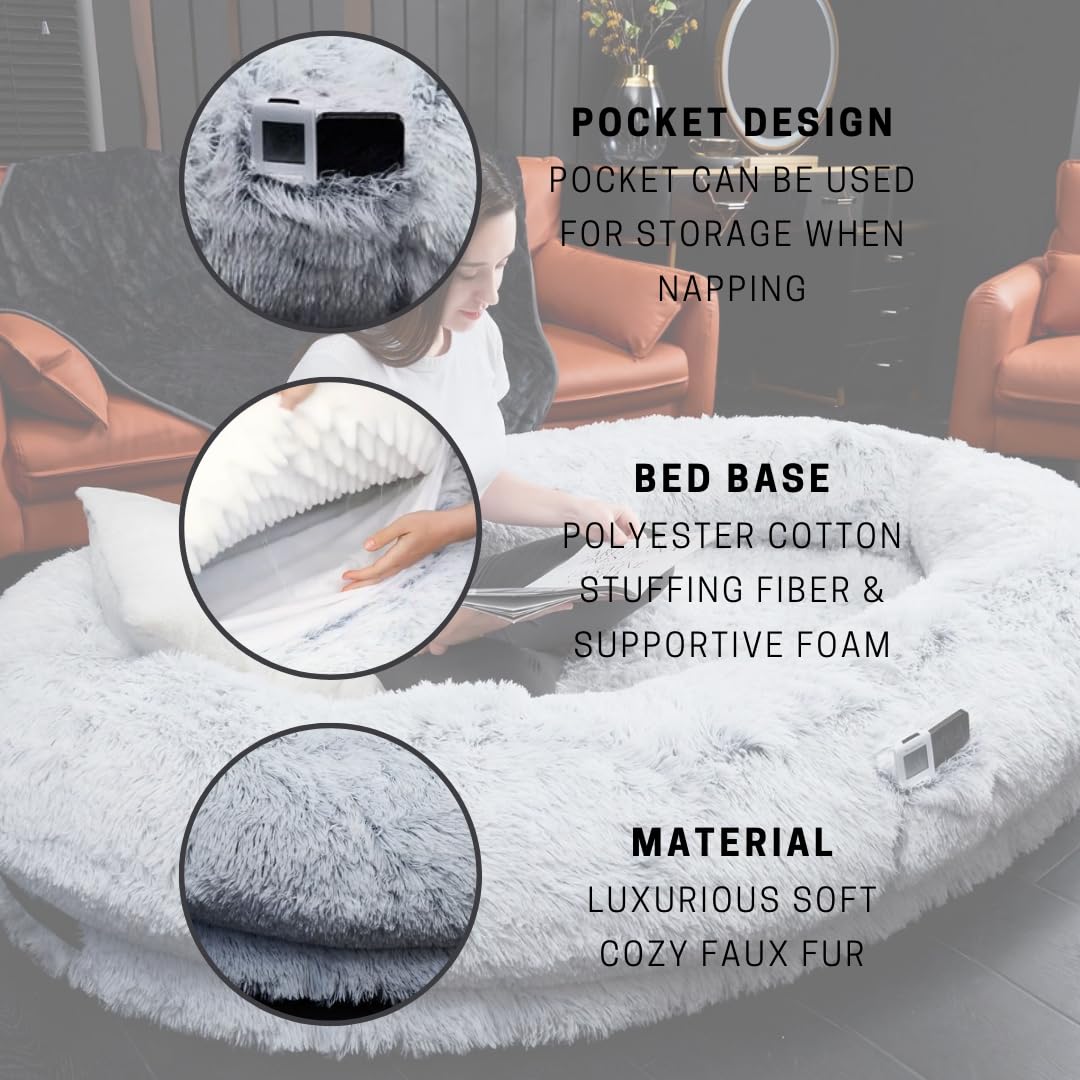Trelsanopaws Faux Fur Human Pet Bed - Orthopedic Fluffy Beanbag for Adults & Kids (173 x 96 x 30 cm)