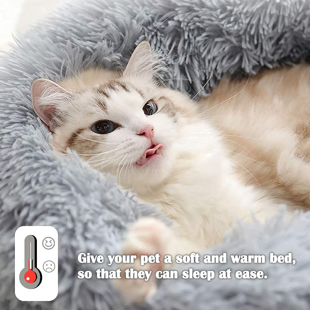 Trelsanopaws Calming Donut Bed - Fluffy Plush Pet Bed for Dogs & Cats, Anti-Anxiety with Non-Slip Bottom, Washable (M-50 cm, Grey)