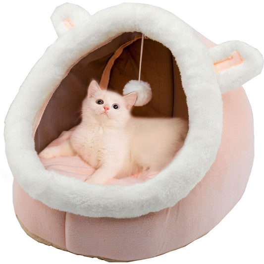 Trelsanopaws Rabbit-Shaped Cat Bed - Anti-Slip Bottom & Soft Calming Cave with Hanging Toy (Removable Cotton Pad)