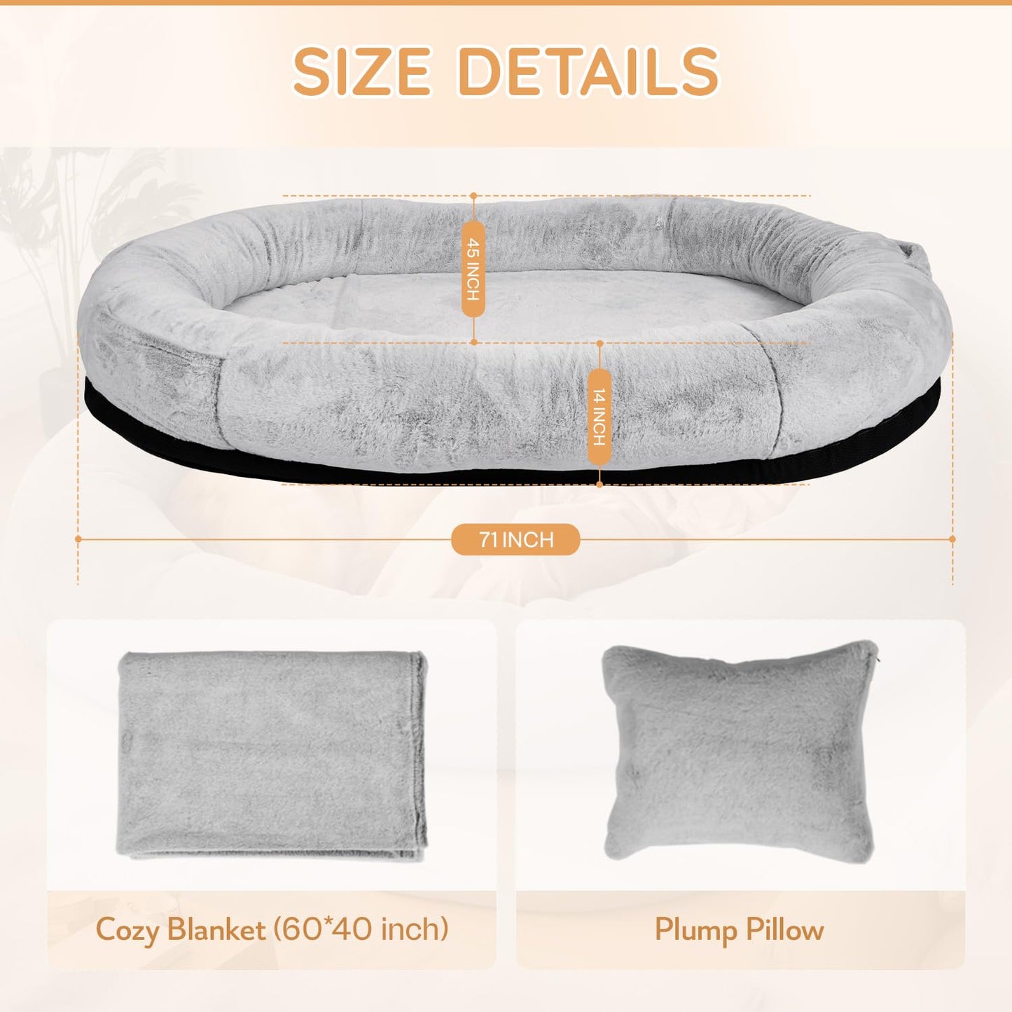 Trelsanopaws Human Dog Bed for Adults & Pets - Extra Large Beanbag with Washable Faux Fur, Blanket & Pillow (71" x 45" x 14", Grey)