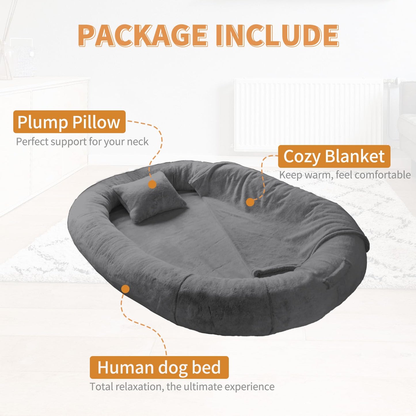 Trelsanopaws Human Dog Bed for Pets & Adults - Extra Large Beanbag with Washable Faux Fur, Blanket & Pillow (71" x 45" x 15", Dark Grey)