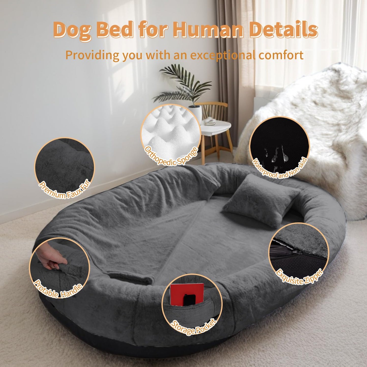 Trelsanopaws Human Dog Bed for Pets & Adults - Extra Large Beanbag with Washable Faux Fur, Blanket & Pillow (71" x 45" x 15", Dark Grey)