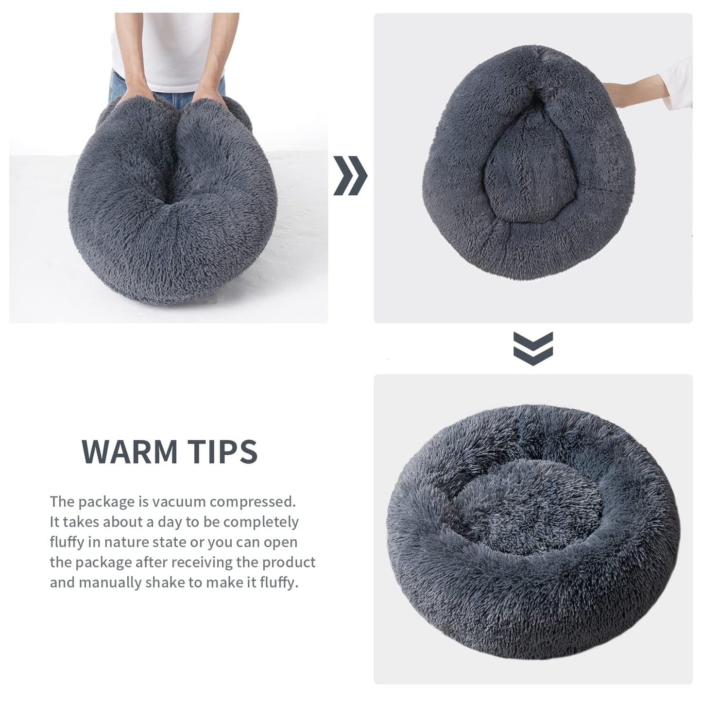 Trelsanopaws Calming Donut Dog Bed - Fluffy Anti-Anxiety Washable Bed for Small & Medium Dogs & Cats (60 x 60 cm, Dark Grey)