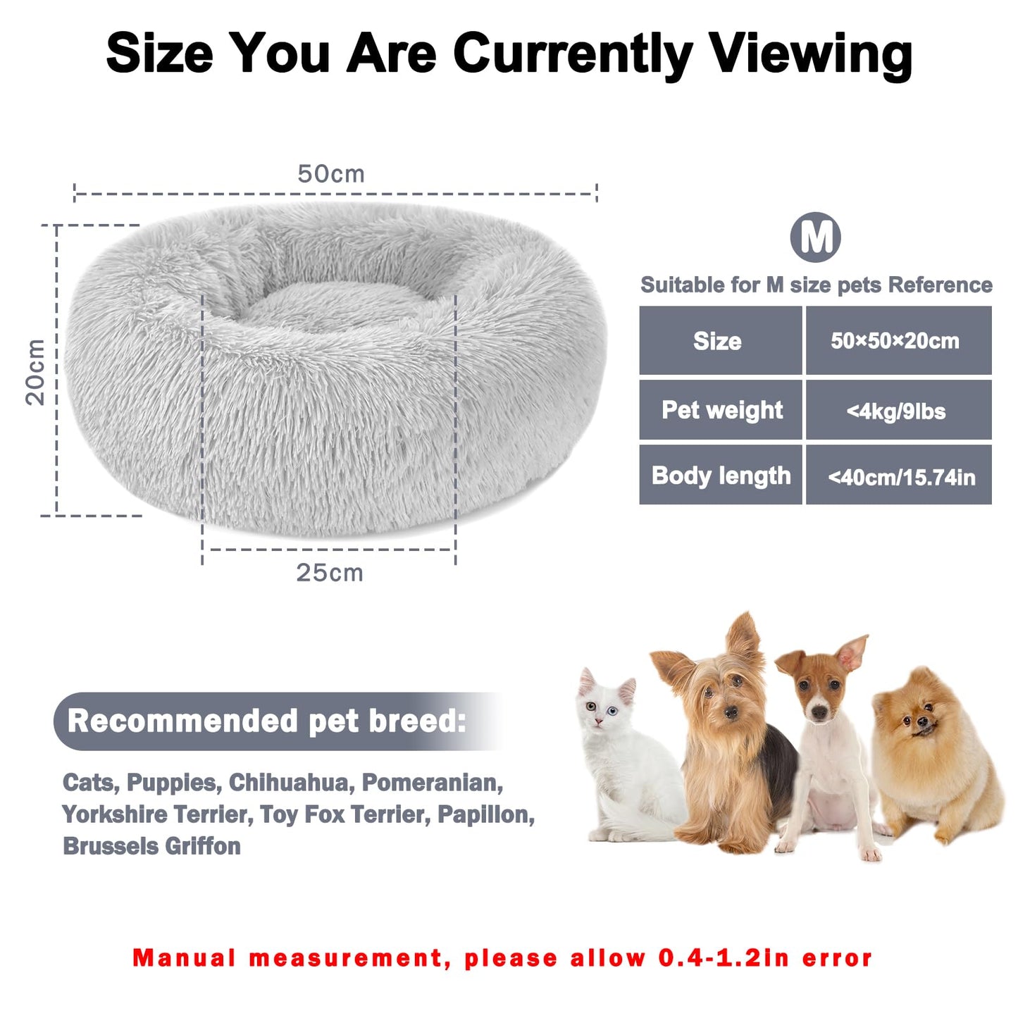 Trelsanopaws Calming Donut Bed - Fluffy Plush Pet Bed for Dogs & Cats, Anti-Anxiety with Non-Slip Bottom, Washable (M-50 cm, Grey)