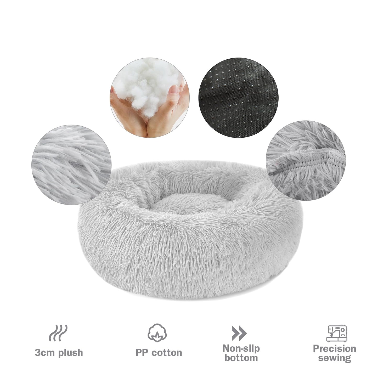 Trelsanopaws Calming Donut Bed - Fluffy Plush Pet Bed for Dogs & Cats, Anti-Anxiety with Non-Slip Bottom, Washable (M-50 cm, Grey)