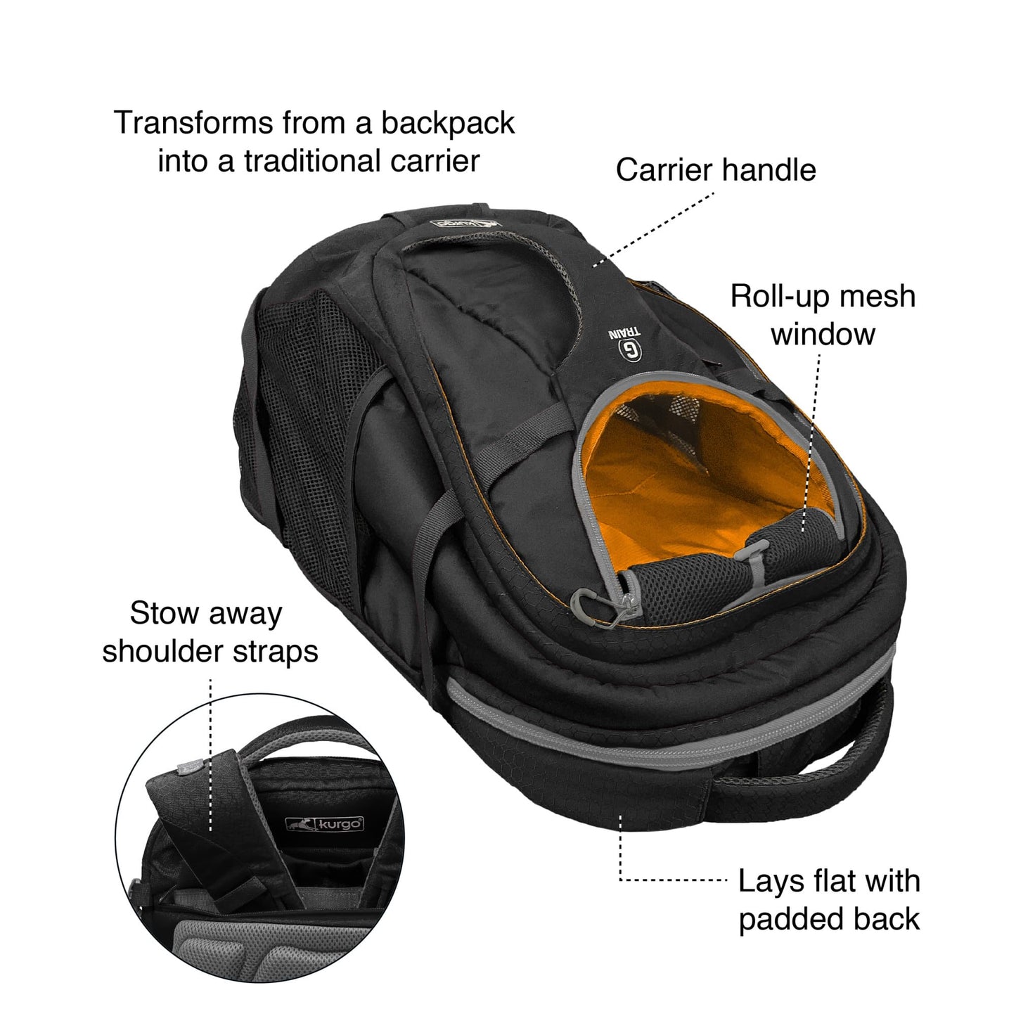 Kurgo G-Train K9 Pack, Carrier Backpack for Small Dogs and Cats, Ideal for Hiking or Travel, Waterproof Bottom, Black