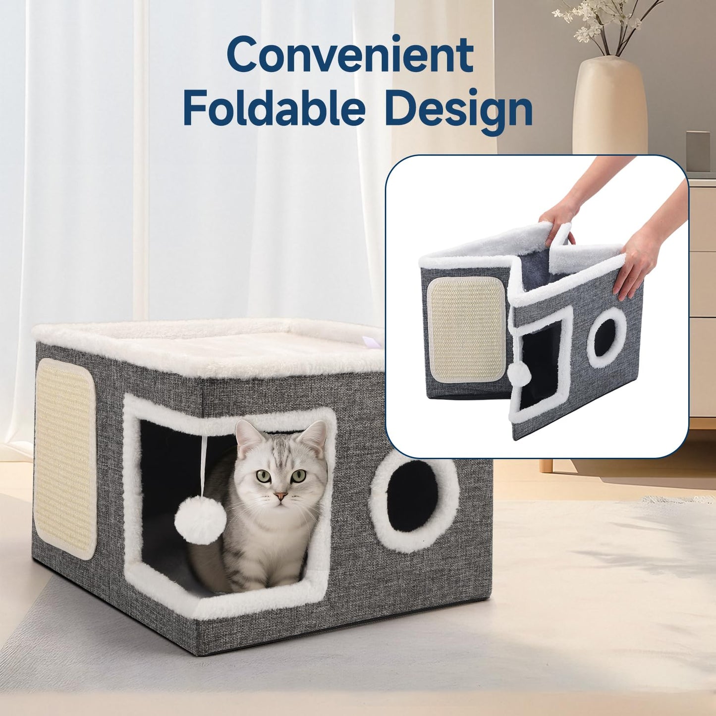 Shikha Cat House for Indoor Pets, 2 Layer Large Cat Cave with Scratch Board and Fluffy Ball, 43L x 43B x 32H cm, Foldable Large Cat-Bed, Kitten Hideaway With Double-Sided Soft Cushions for All Seasons