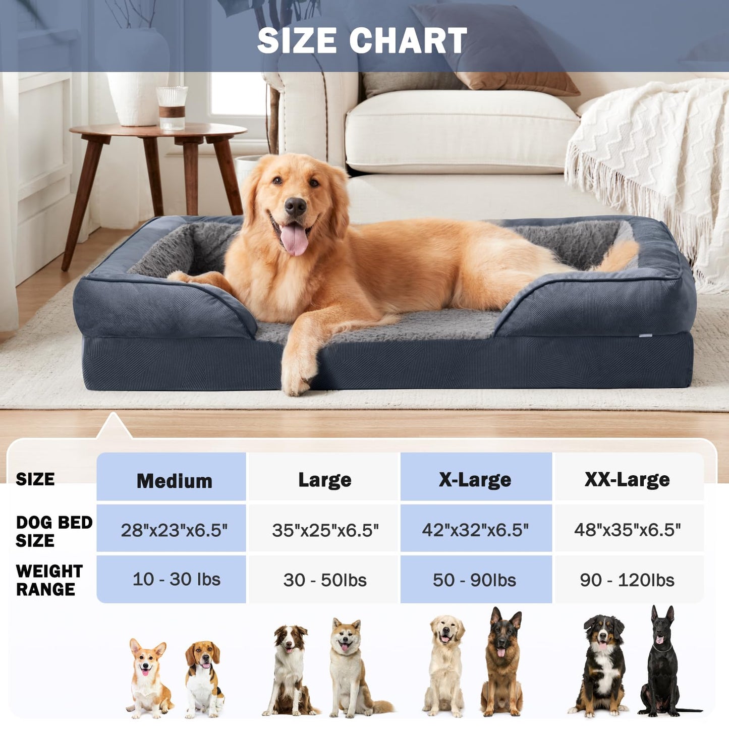 Trelsanopaws Extra Large Orthopedic Memory Foam Dog Bed - Washable Bed for Dogs up to 90lbs (Grey)