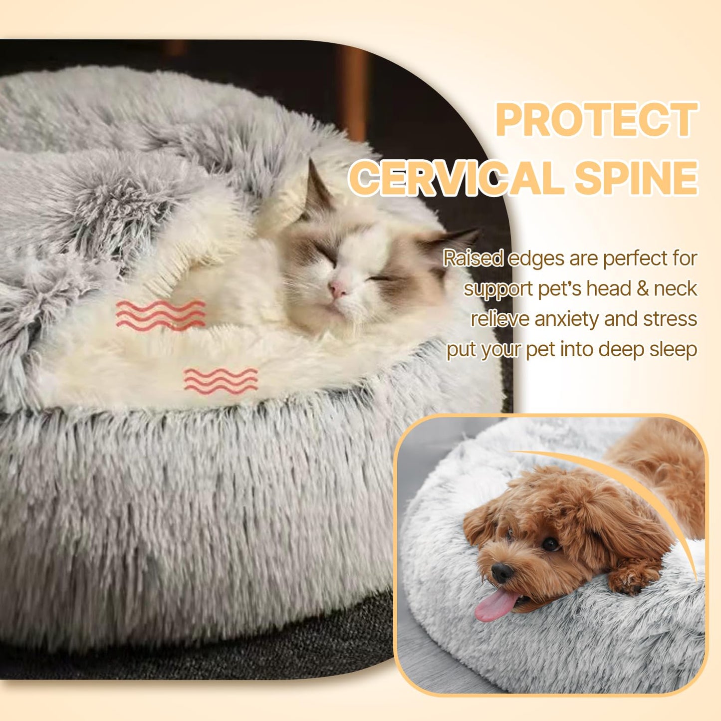 Trelsanopaws Calming Dog Bed - Fluffy Plush Anti-Anxiety Bed for Small & Medium Dogs (Under 10kg, Grey)