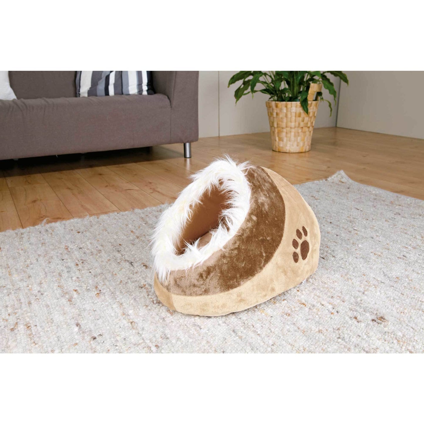 Trelsanopaws Minou Cat Cave - Cosy Bed with Reversible Cushion & Plush Cover (41 x 30 x 50 cm, Beige/Brown)