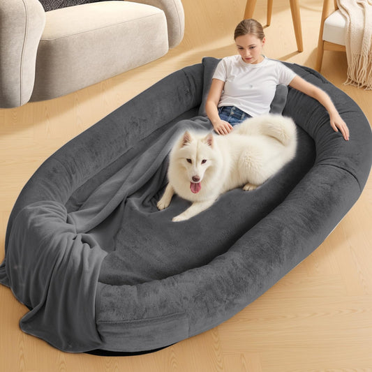 Trelsanopaws Human Dog Bed for Pets & Adults - Extra Large Beanbag with Washable Faux Fur, Blanket & Pillow (71" x 45" x 15", Dark Grey)