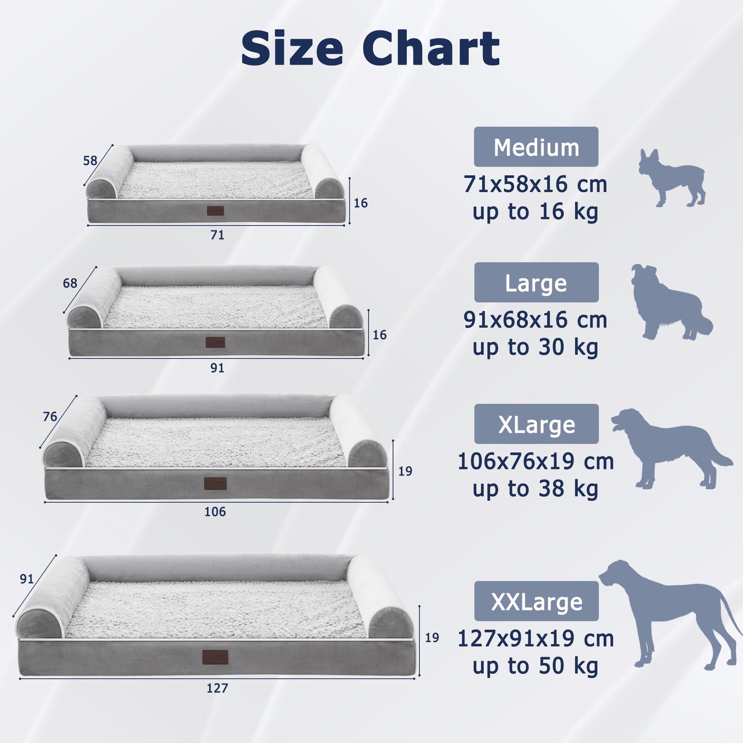 Trelsanopaws Large Orthopedic Dog Bed - Washable with Removable Cover & Waterproof U-Shape Bolster (106 x 76 x 19 cm, Grey)