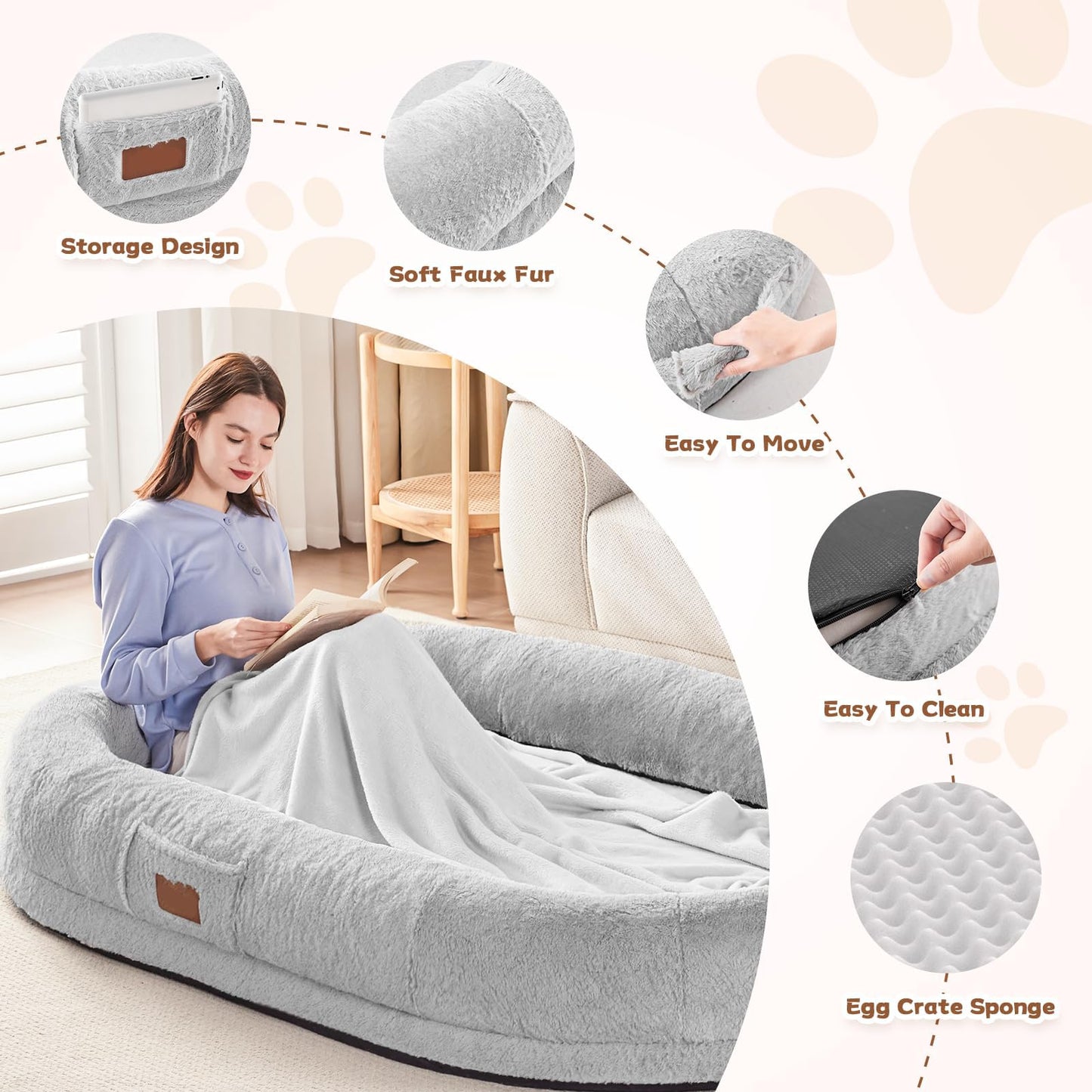 Trelsanopaws Human Dog Bed for Adults - Giant Beanbag with Blanket, Washable Faux Fur & Removable Memory Foam (180 x 122 x 25 cm, Grey)