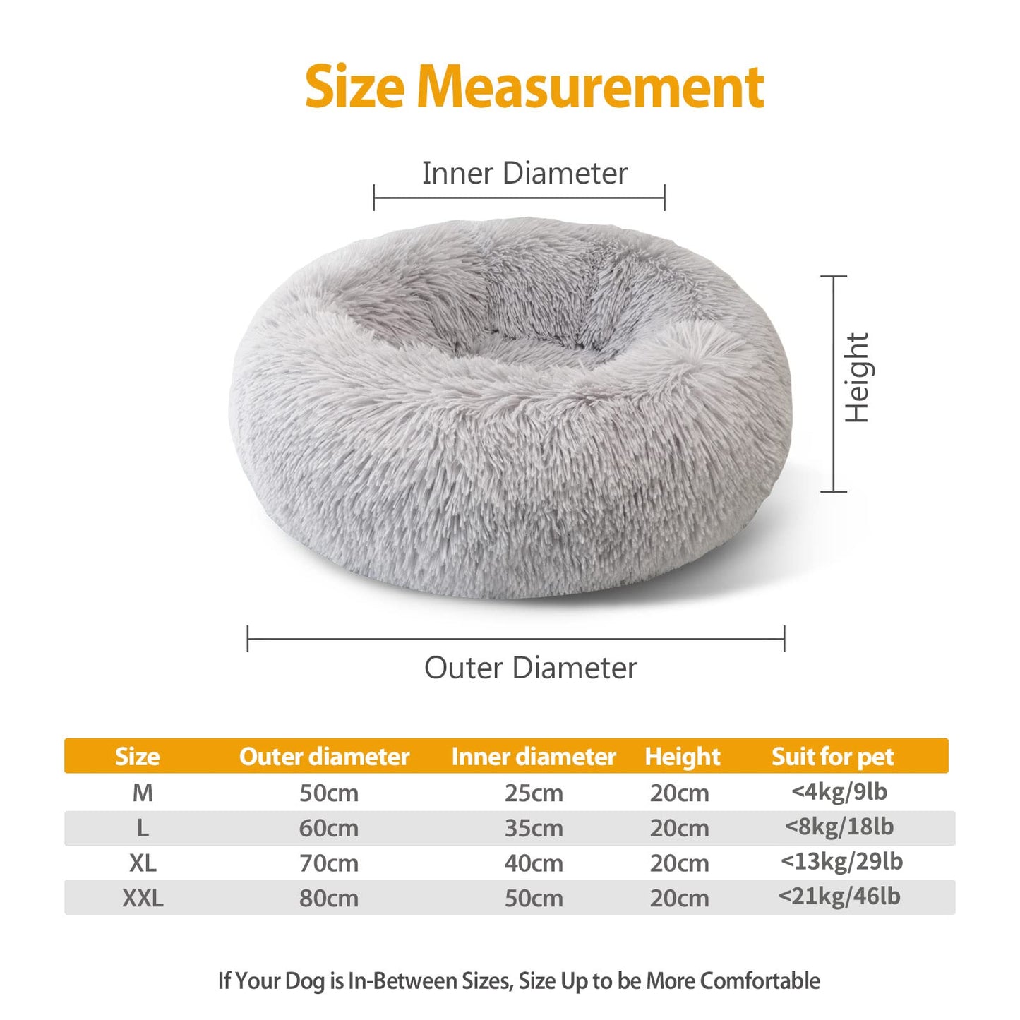 Trelsanopaws Plush Donut Dog & Cat Bed - Calming Self-Warming Fluffy Cushion, Machine Washable (50 cm, Grey)