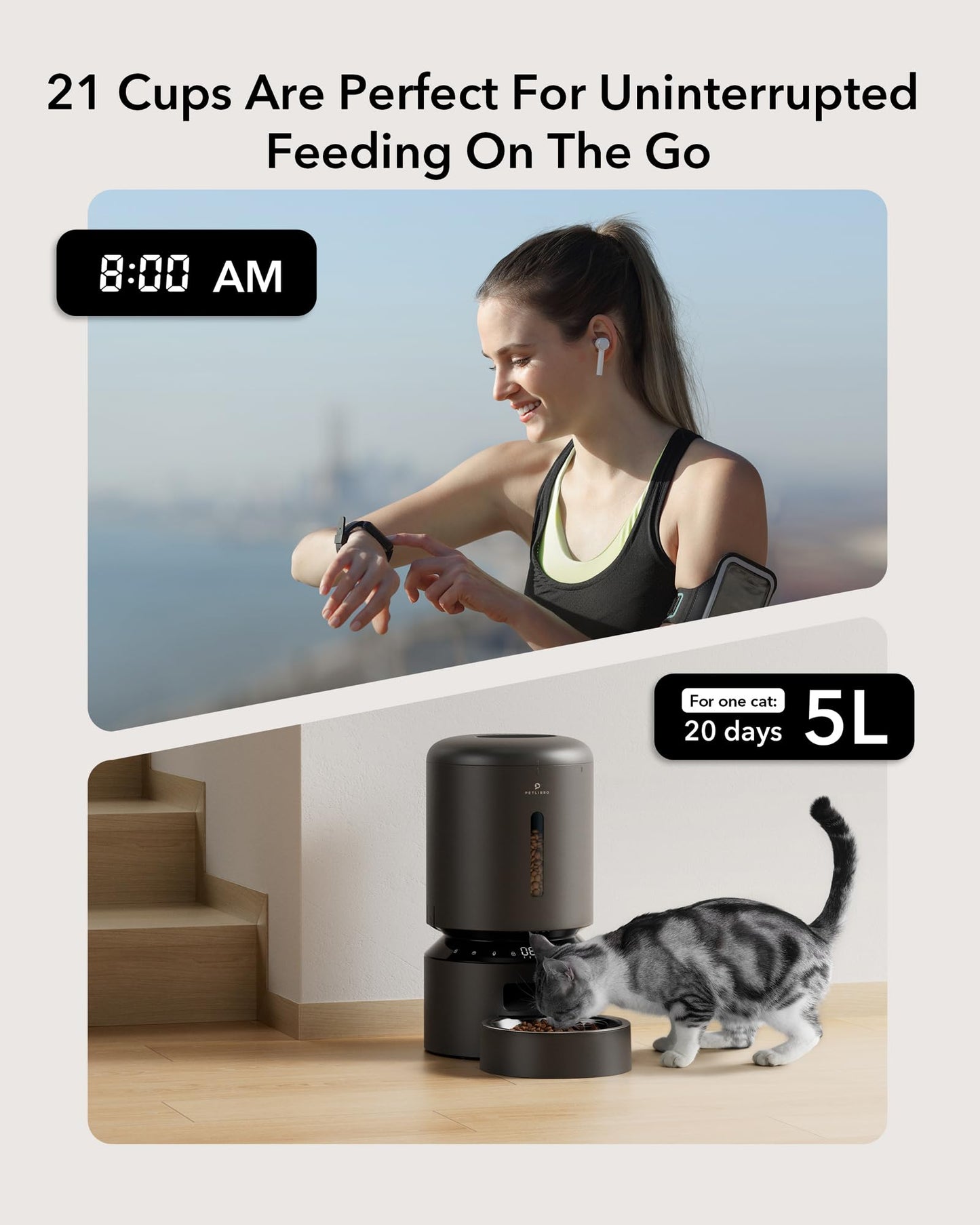 PETLIBRO Automatic Cat Feeder, Pet Food Dispenser Triple Preservation with Stainless Steel Bowl & Twist Lock Lid, up to 50 Portions 6 Meals Per Day, Granary for Small/Medium Pets (5L, Black)