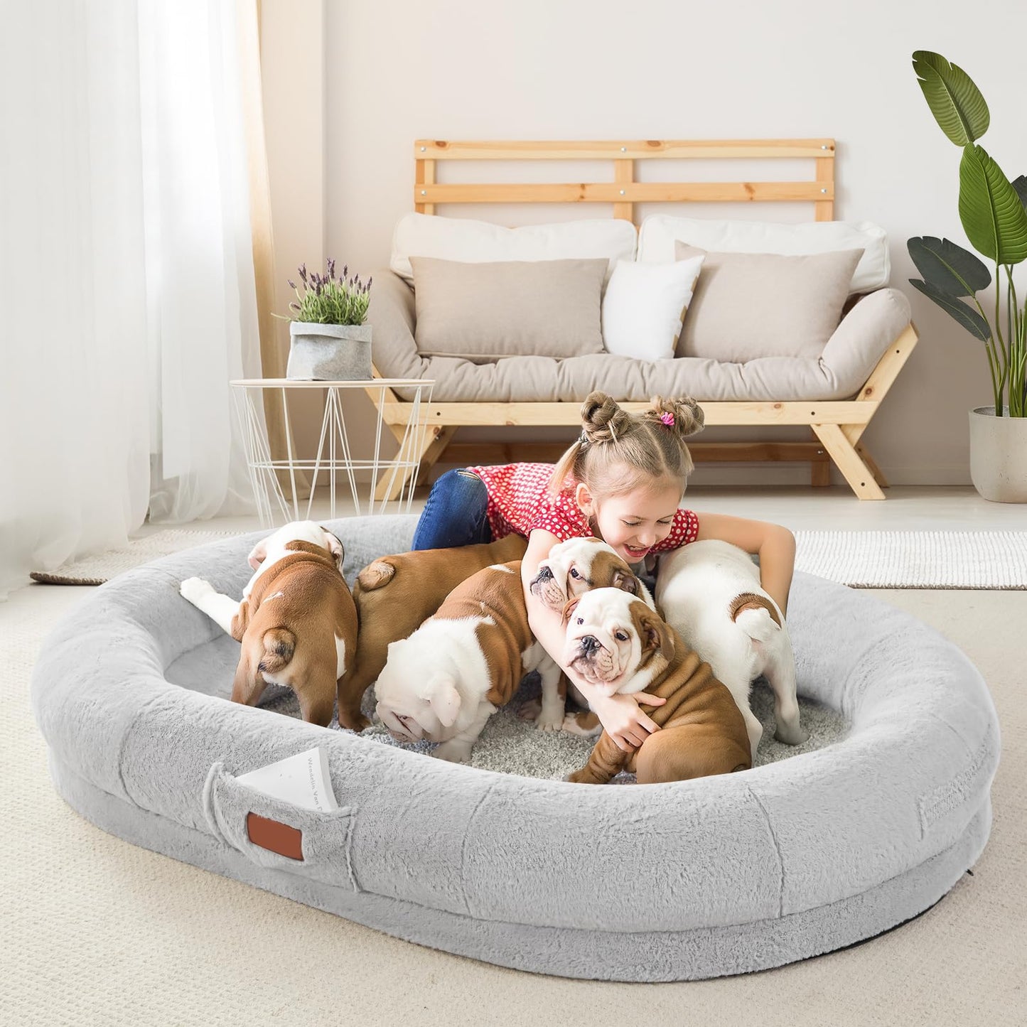 Trelsanopaws Human Dog Bed for Adults - Giant Beanbag with Blanket, Washable Faux Fur & Removable Memory Foam (180 x 122 x 25 cm, Grey)