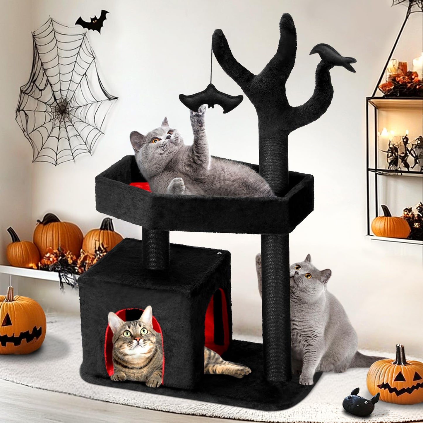 Petsinurarea 47.2" Heavy Duty Gothic Cat Tree Large Cat Tower Cat Tree for Indoor Cats Spacious Cat Condo Coffin for Large Cats Scratching Posts Hanging Ball Pet Activities Platform Cat Furniture