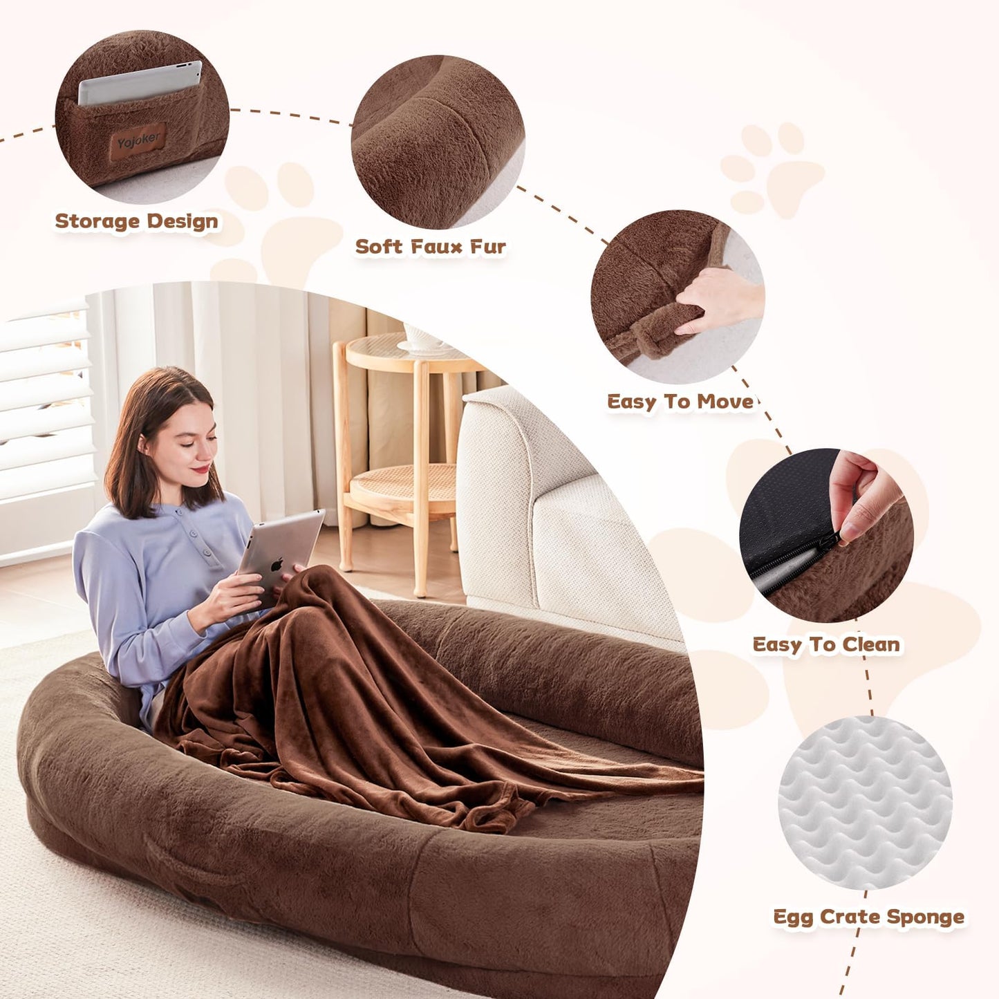 Trelsanopaws Human Dog Bed for Adults - Giant Bean Bag with Blanket, Washable Faux Fur, Memory Foam, Brown
