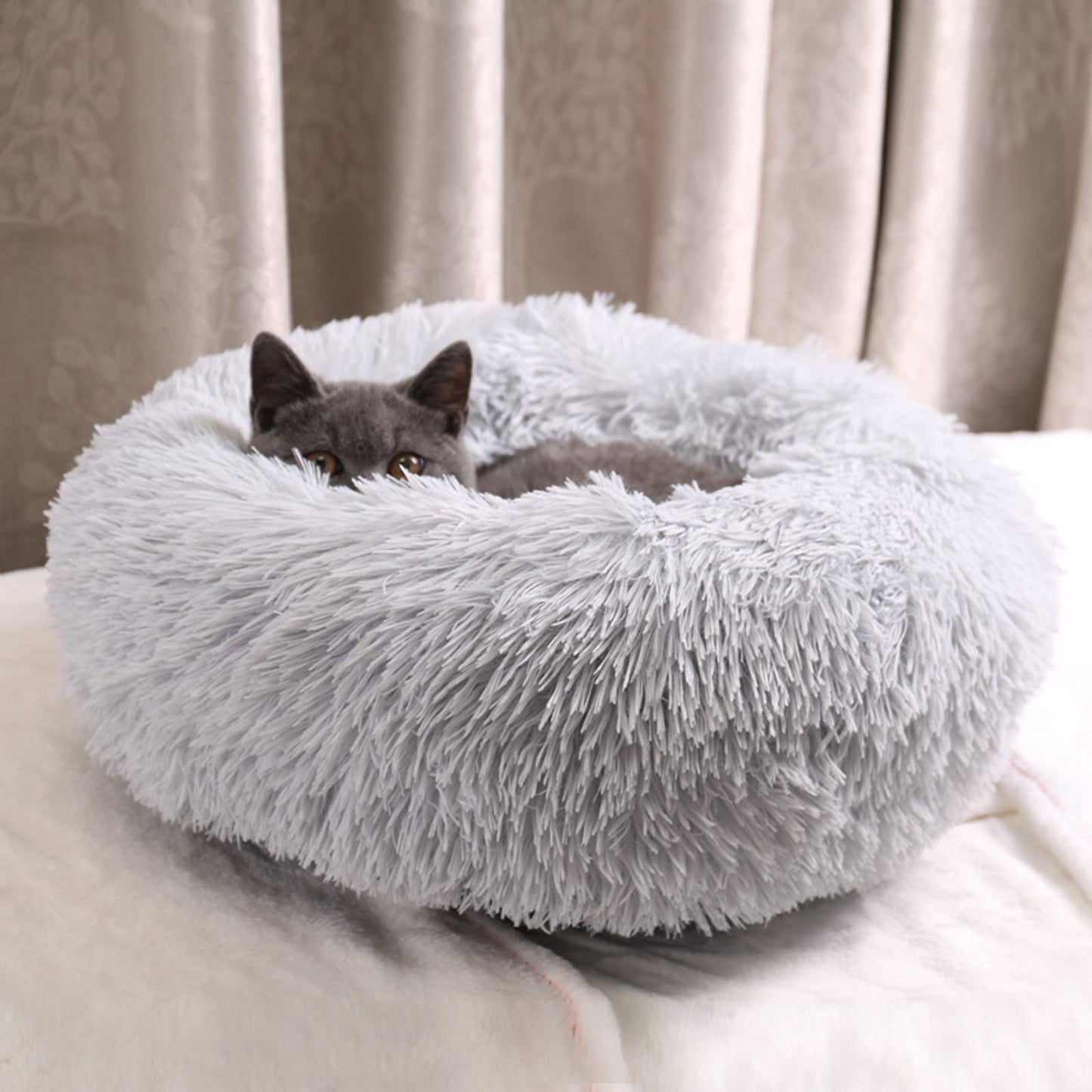 Trelsanopaws Plush Donut Dog & Cat Bed - Calming Self-Warming Fluffy Cushion, Machine Washable (50 cm, Grey)