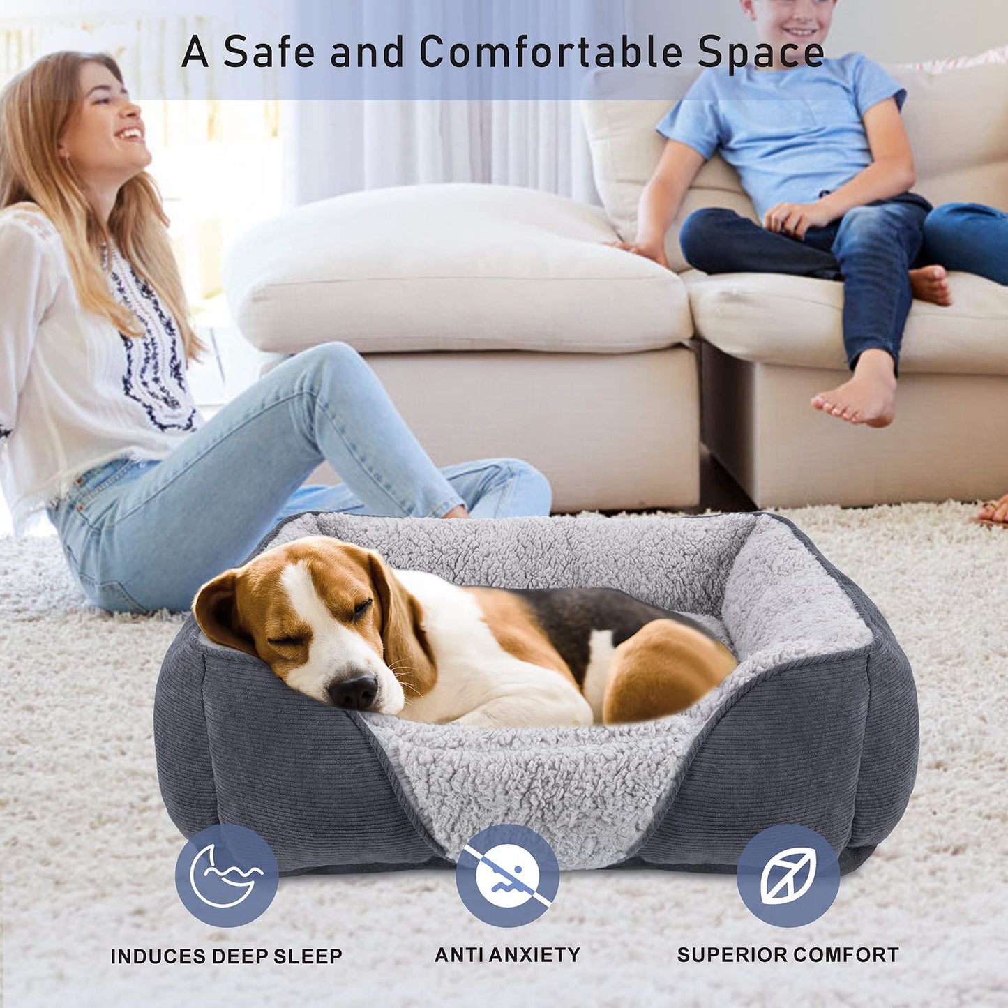 Trelsanopaws Large Dog Bed - Super Soft Wool Fleece Sofa Bed with Striped Corduroy Design (76 x 61 x 23 cm)