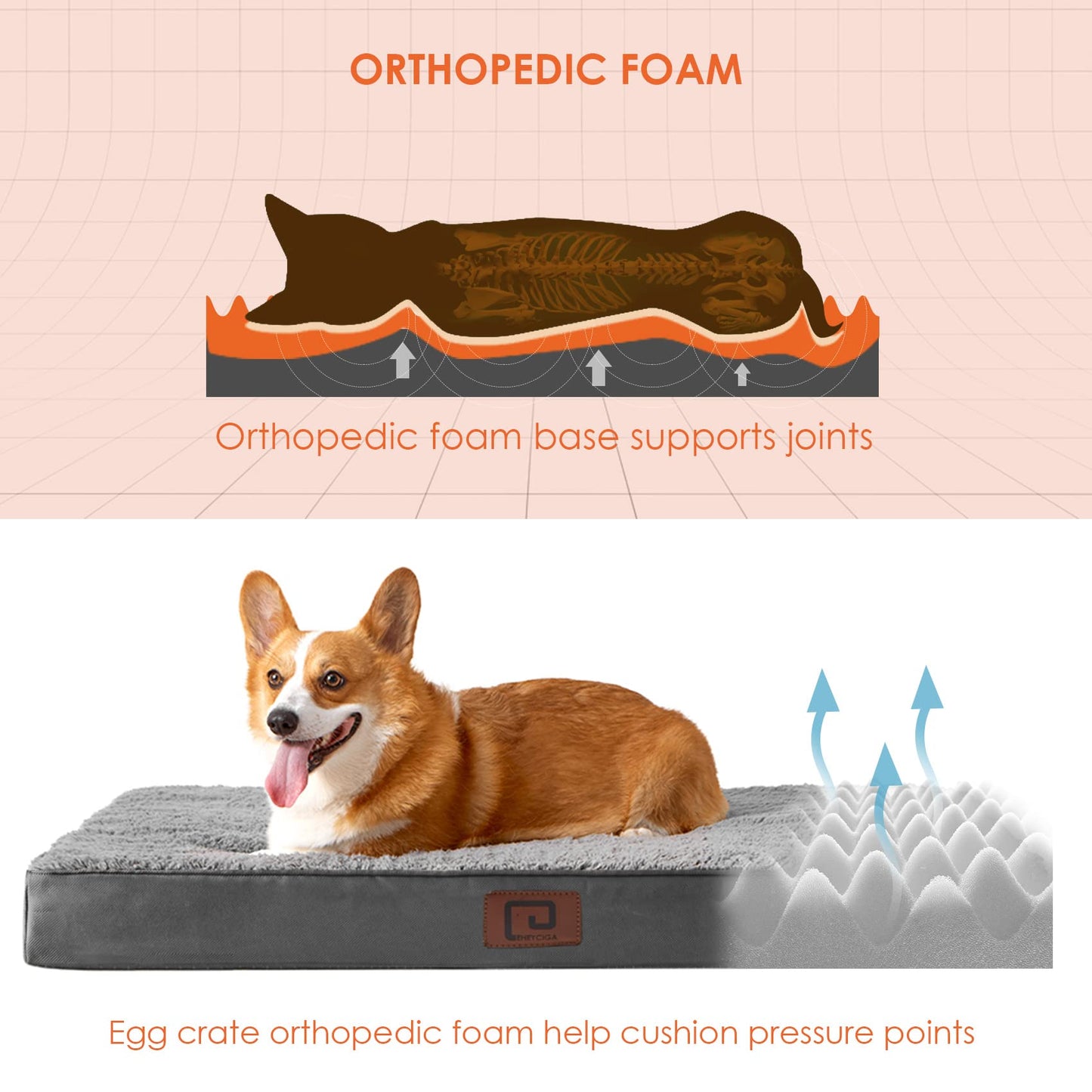 Trelsanopaws Large Orthopedic Dog Bed - Mattress with Removable Washable Cover (91 x 68 x 9 cm, Grey)