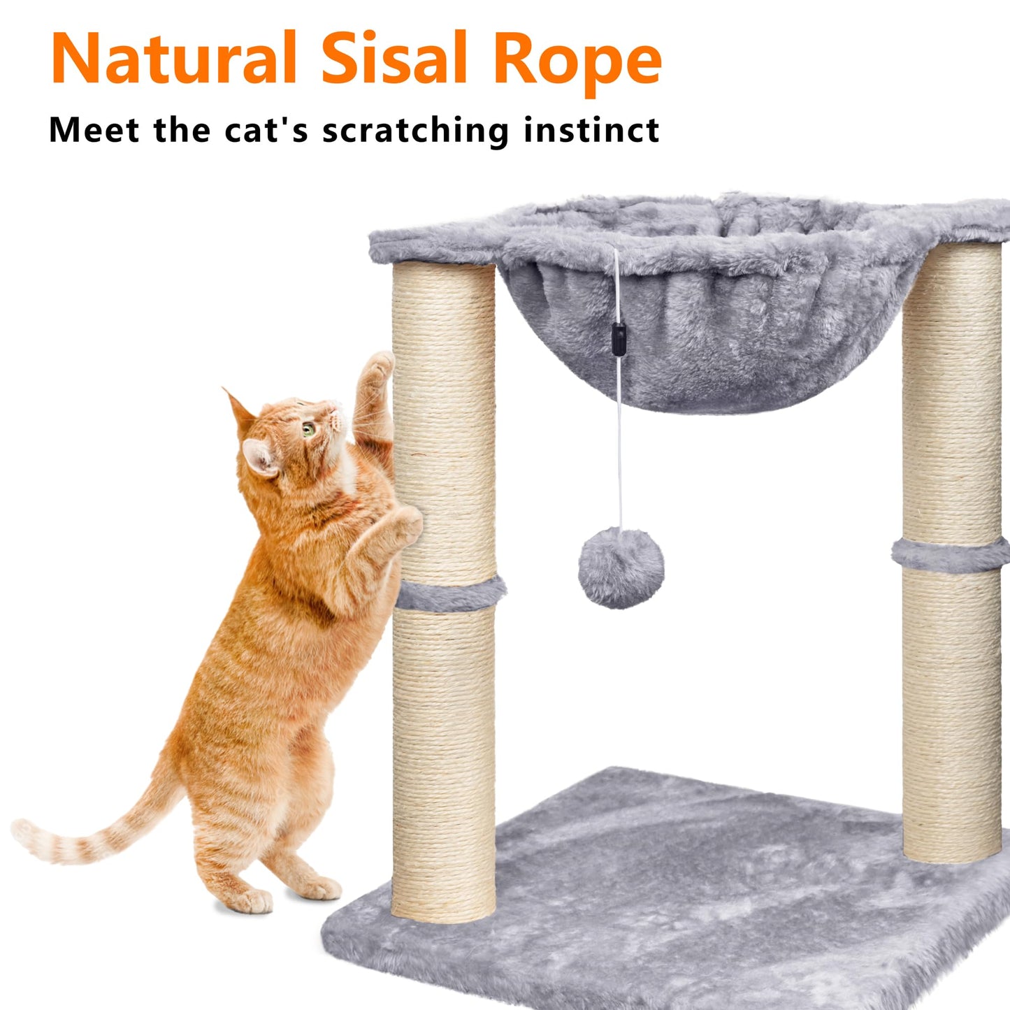 Trelsanopaws Cat Scratching Post - 50 cm Cat Tree with Hammock & Hanging Toy for Indoor Cats (Grey)