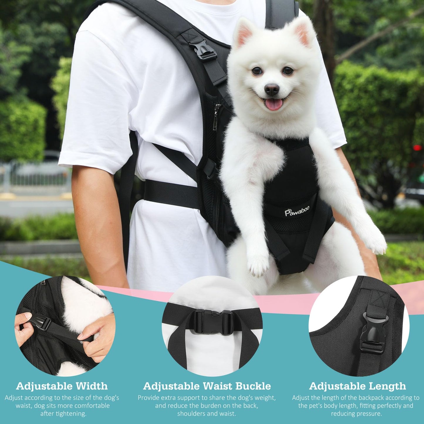 Pawaboo Pet Dog Front Carrier Backpacks, Legs Out Pet Carrier Backpack for Dogs, Adjustable Easy-fit Dog Chest Carriers for Small Medium Dogs Hands Free for Travel Hiking Cycling Camping, XL, Black