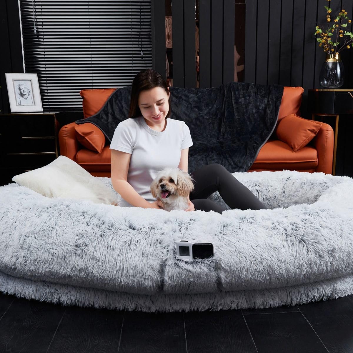 Trelsanopaws Oversized Faux Fur Human Pet Bed with Phone Pouch - Junior Size (132 x 80 x 25 cm)