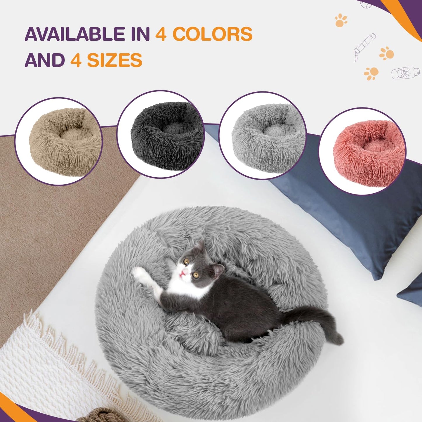 Trelsanopaws Plush Donut Cat Bed - Calming Self-Warming Round Pet Cushion with Anti-Slip Base (50 cm, Grey)