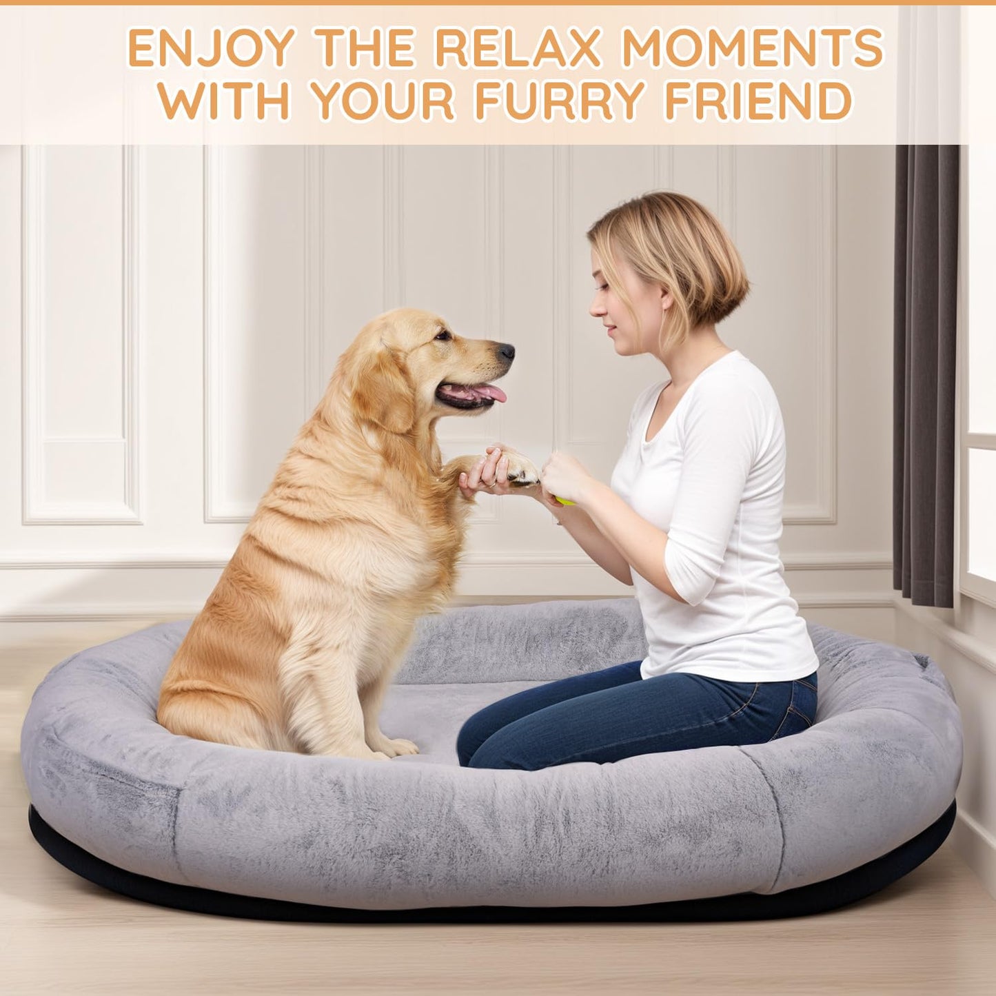 Trelsanopaws Human Dog Bed for Adults & Pets - Extra Large Beanbag with Washable Faux Fur, Blanket & Pillow (71" x 45" x 14", Grey)
