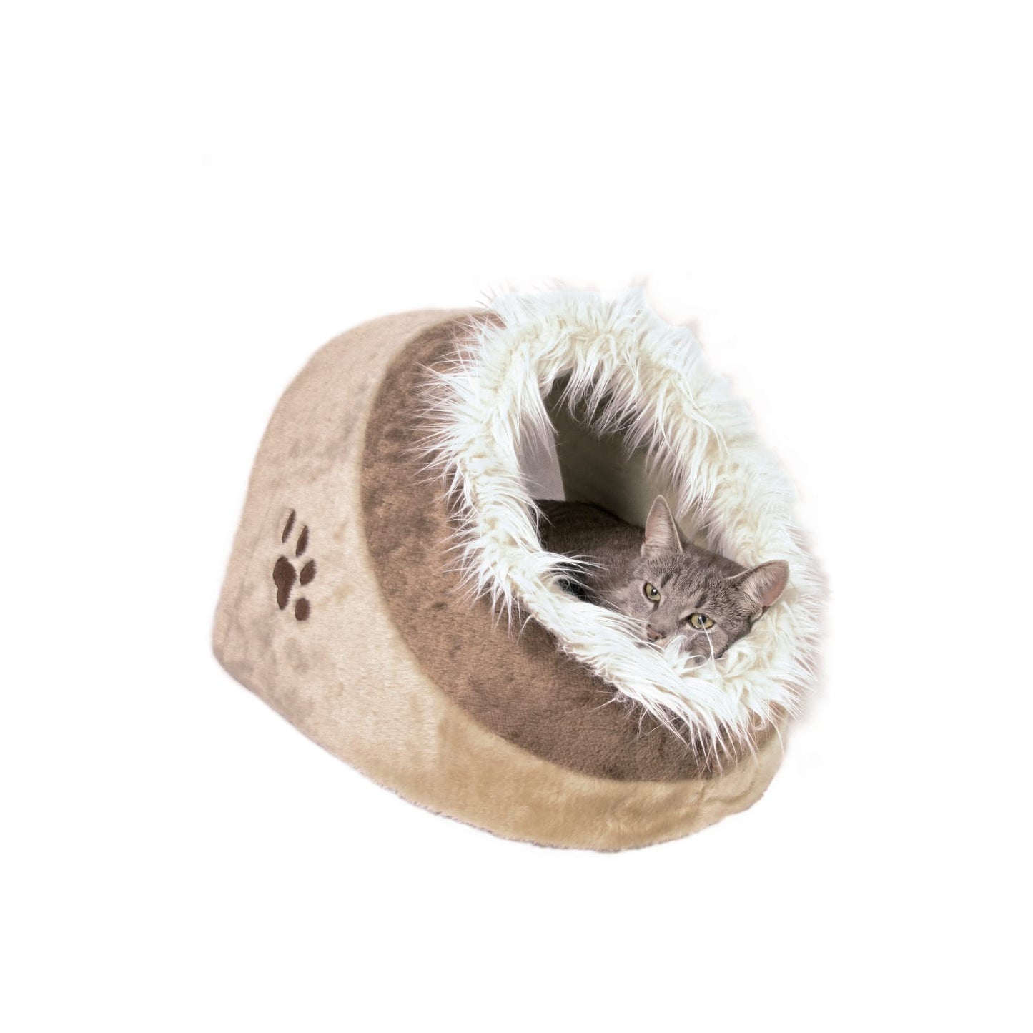 Trelsanopaws Minou Cat Cave - Cosy Bed with Reversible Cushion & Plush Cover (41 x 30 x 50 cm, Beige/Brown)