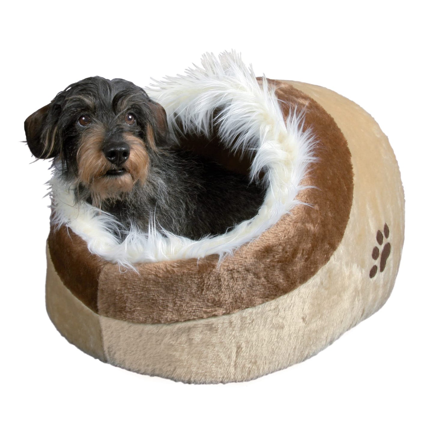 Trelsanopaws Minou Cat Cave - Cosy Bed with Reversible Cushion & Plush Cover (41 x 30 x 50 cm, Beige/Brown)
