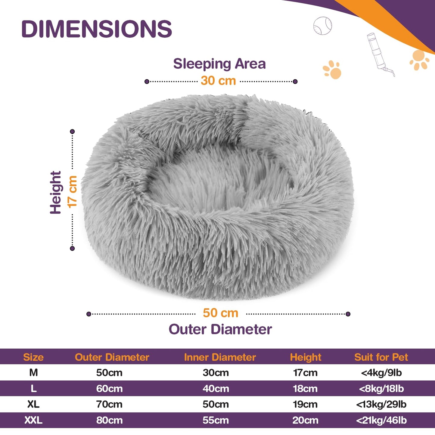 Trelsanopaws Plush Donut Cat Bed - Calming Self-Warming Round Pet Cushion with Anti-Slip Base (50 cm, Grey)