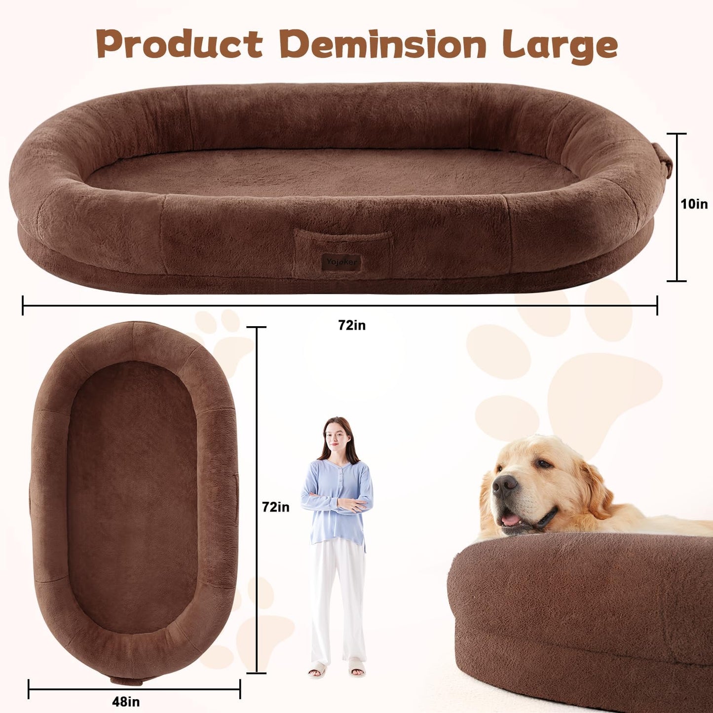 Trelsanopaws Human Dog Bed for Adults - Giant Bean Bag with Blanket, Washable Faux Fur, Memory Foam, Brown