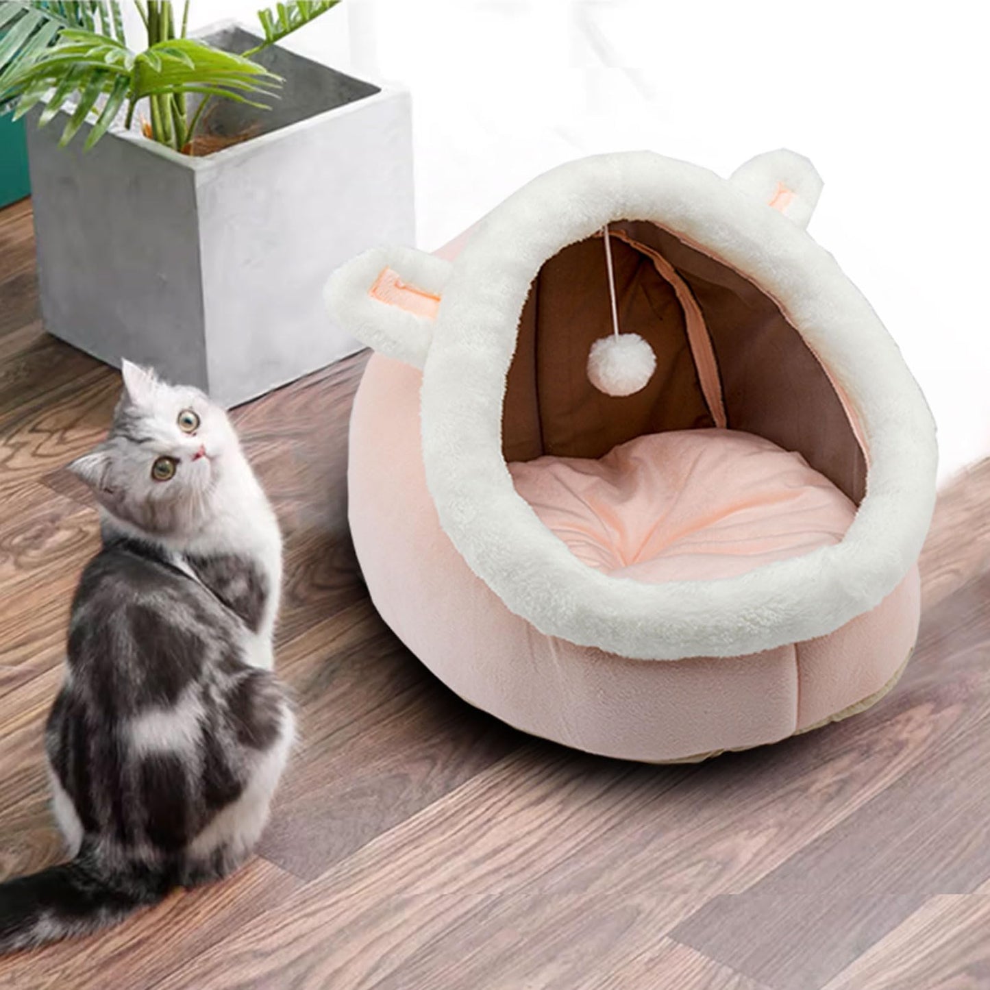 Trelsanopaws Rabbit-Shaped Cat Bed - Anti-Slip Bottom & Soft Calming Cave with Hanging Toy (Removable Cotton Pad)