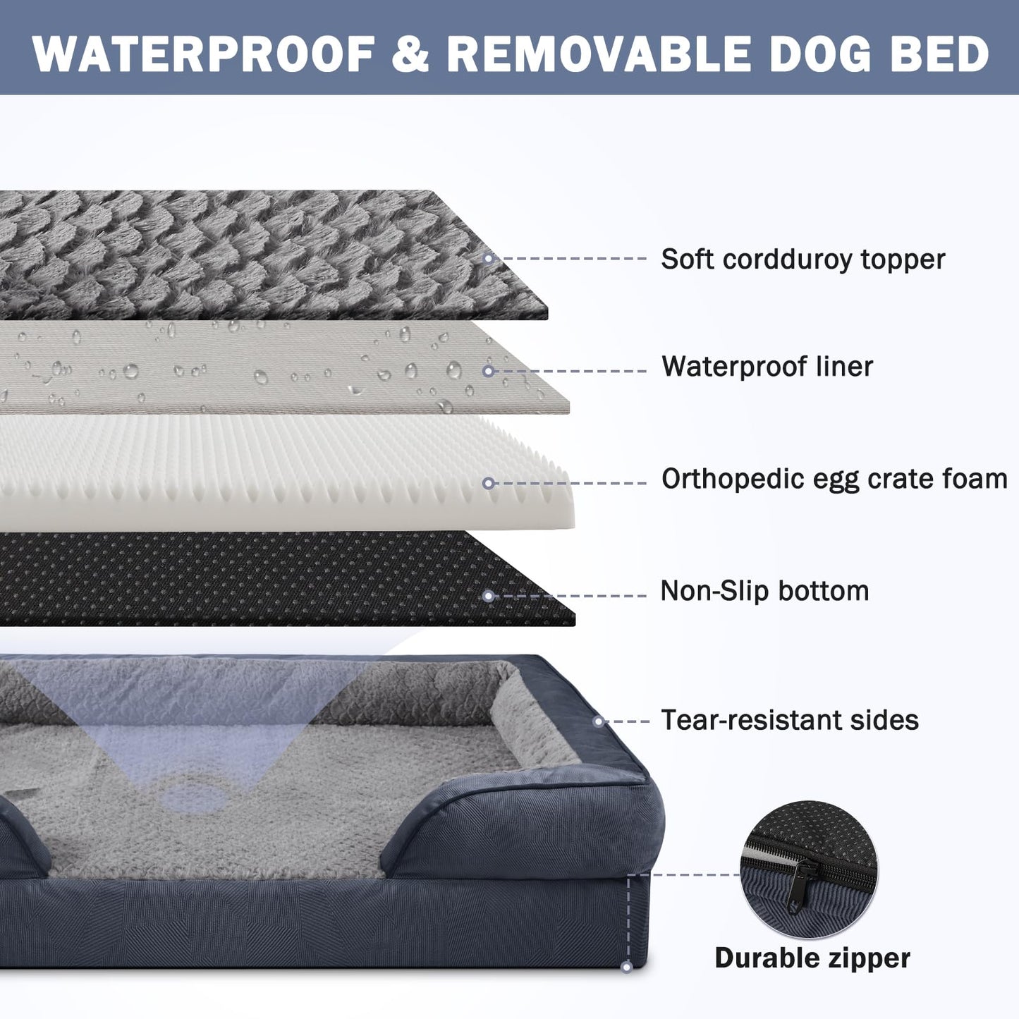 Trelsanopaws Extra Large Orthopedic Memory Foam Dog Bed - Washable Bed for Dogs up to 90lbs (Grey)