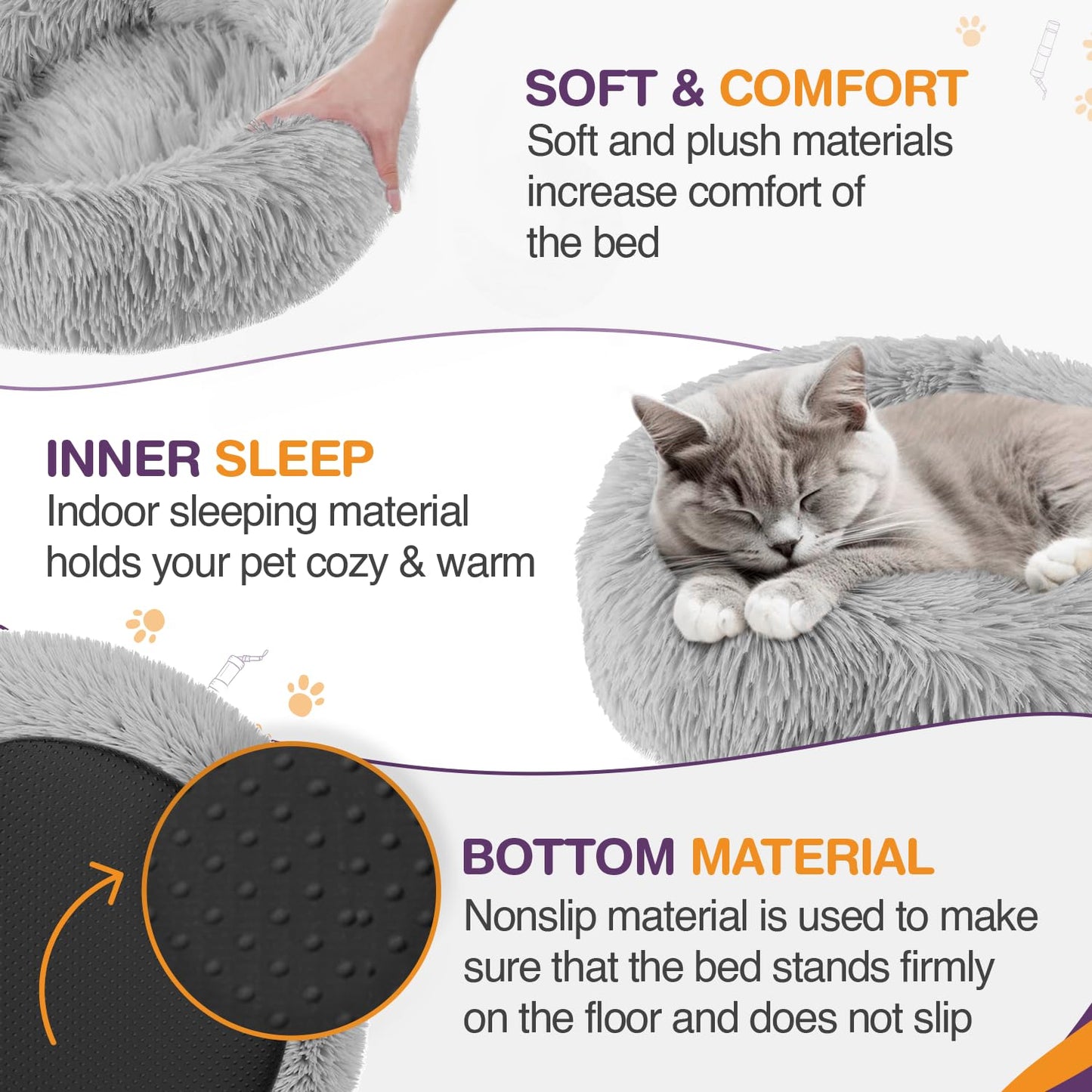 Trelsanopaws Plush Donut Cat Bed - Calming Self-Warming Round Pet Cushion with Anti-Slip Base (50 cm, Grey)