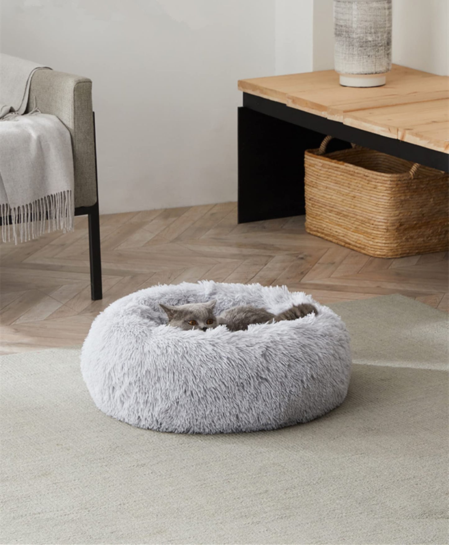 Trelsanopaws Plush Donut Dog & Cat Bed - Calming Self-Warming Fluffy Cushion, Machine Washable (50 cm, Grey)