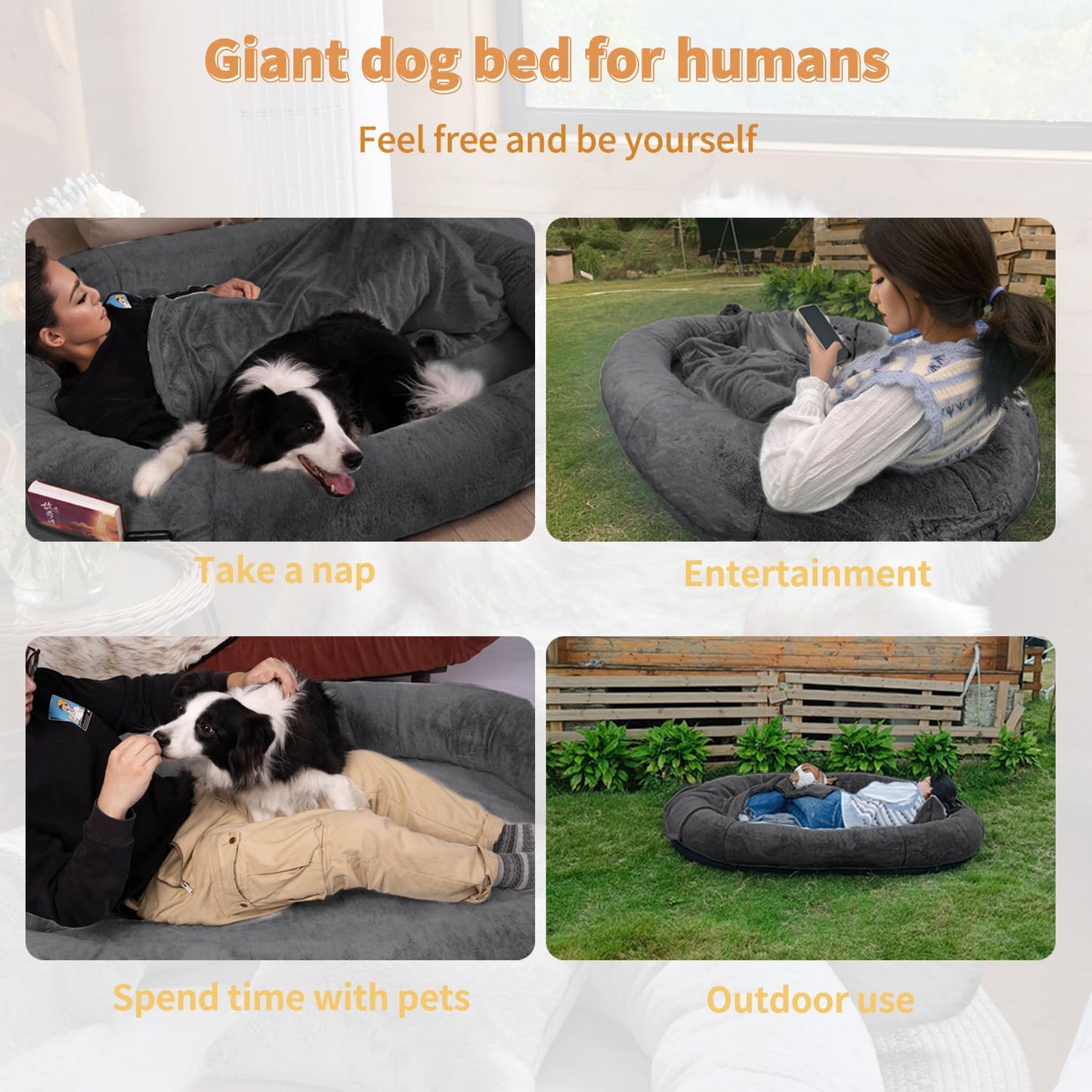 Trelsanopaws Human Dog Bed for Pets & Adults - Extra Large Beanbag with Washable Faux Fur, Blanket & Pillow (71" x 45" x 15", Dark Grey)