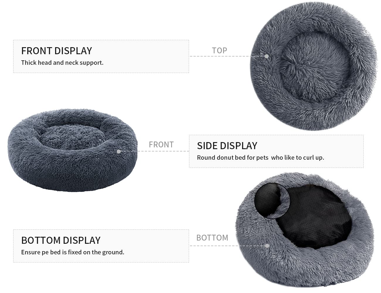 Trelsanopaws Calming Donut Dog Bed - Fluffy Anti-Anxiety Washable Bed for Small & Medium Dogs & Cats (60 x 60 cm, Dark Grey)