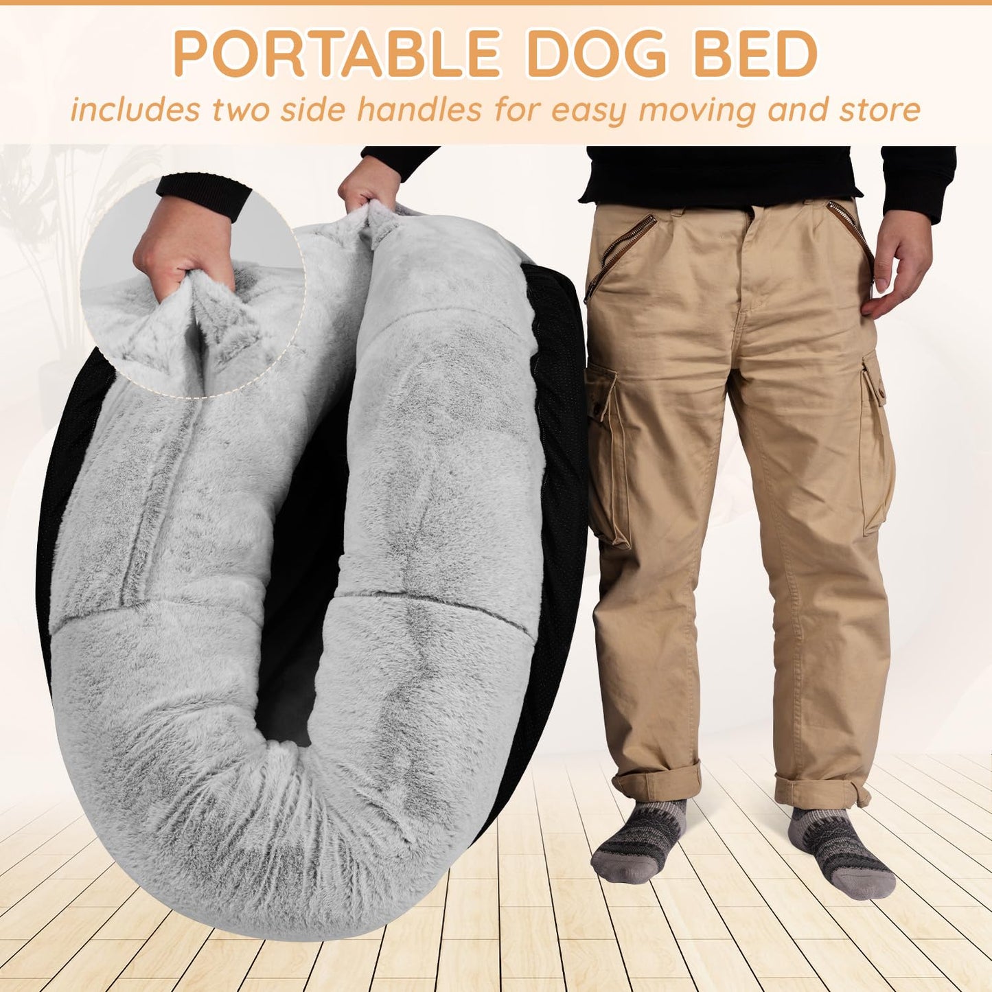 Trelsanopaws Human Dog Bed for Adults & Pets - Extra Large Beanbag with Washable Faux Fur, Blanket & Pillow (71" x 45" x 14", Grey)