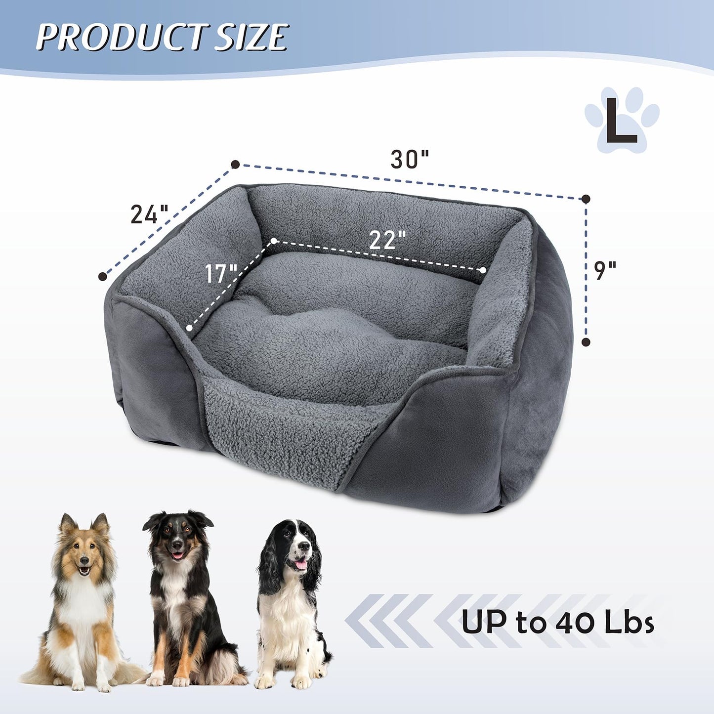 Trelsanopaws Large Dog Bed - Washable Orthopedic Pet Bed with Anti-Slip Bottom (76 x 61 x 23 cm, Grey)