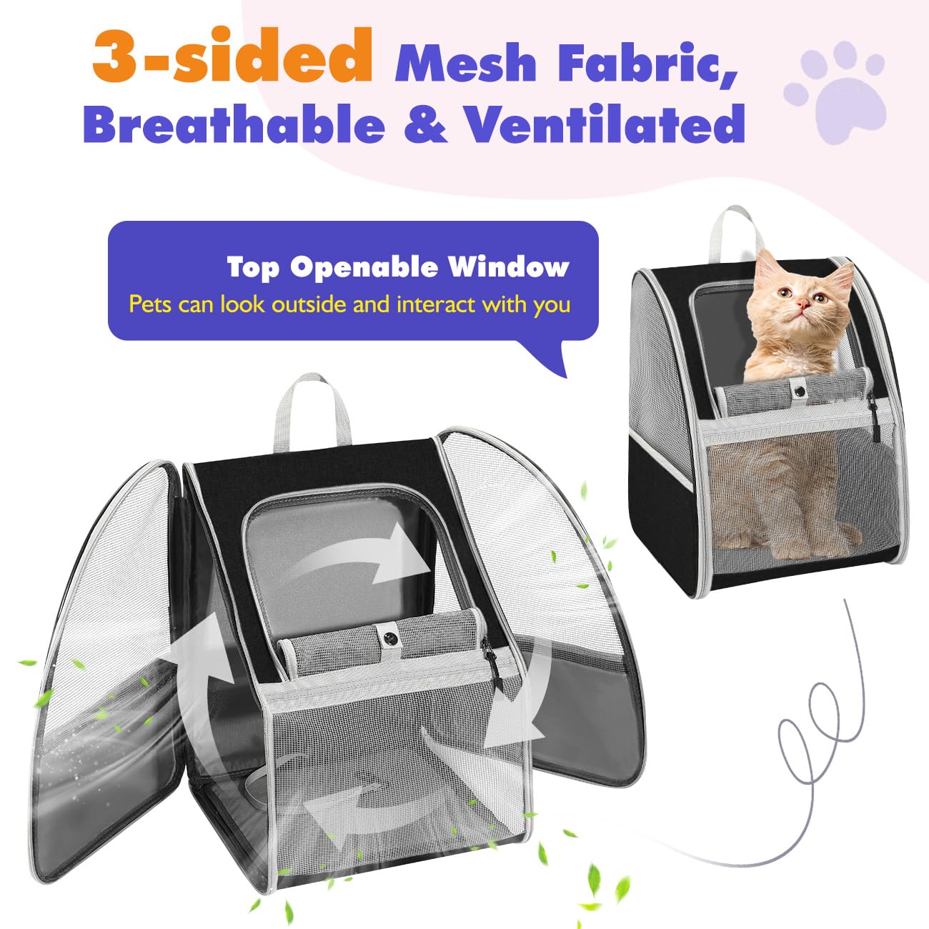 Pawaboo Cat Carrier Backpack, Dog Carrier Backpack with Breathable Mesh, 2023 Upgraded Steel Frame Pet Carrier Backpack Puppy Carrier for Travel, Cat Backpack for Small Dogs Cats, Black (up to 10KG)